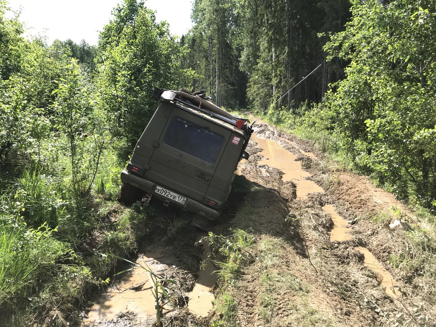 Внедорожник Гелендваген в грязевой колее в лесу