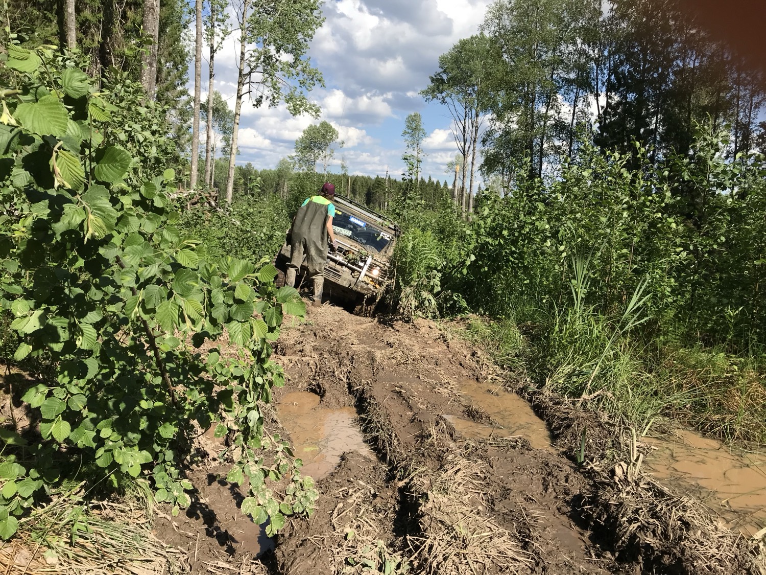 Внедорожник на размытой лесной дороге